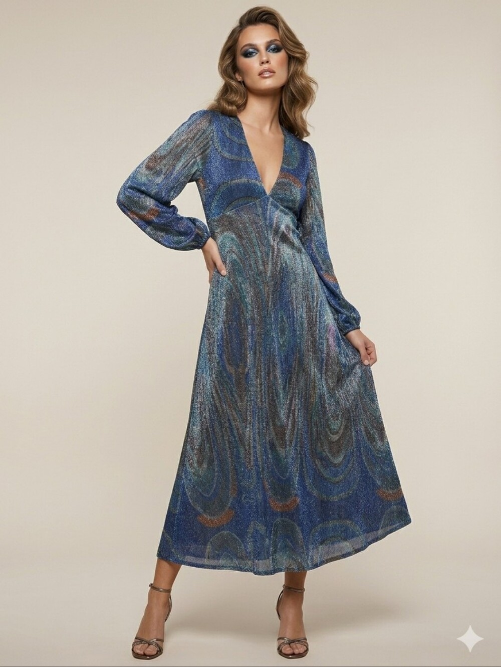 NWT Zara Multicolor Lurex Metallic V-neck Long Sleeve Midi Dress